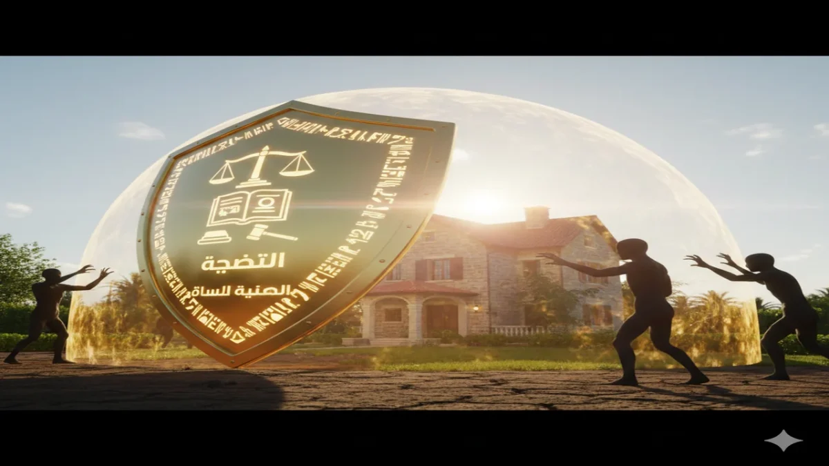درع ذهبي يحمي منزلاً يرمز إلى قوة سيادة الملكية المسجلة في التصدي للغصب العقاري.