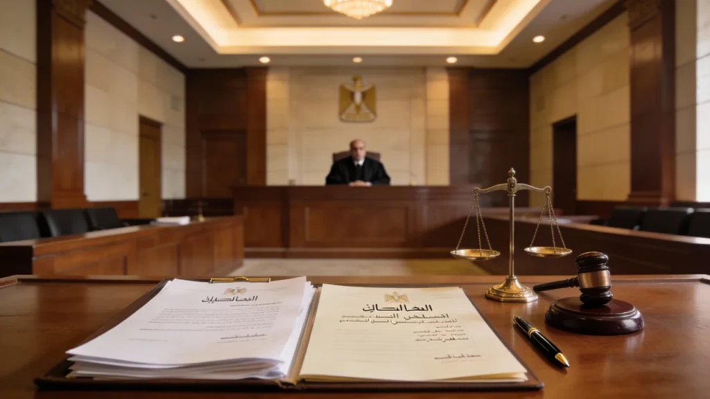 صورة ملف نقض 21521 لسنة 93-تثبيت الملكية بوضع اليد داخل قاعة محكمة النقض المصرية مع ميزان عدالة ومستندات قانونية مختومة