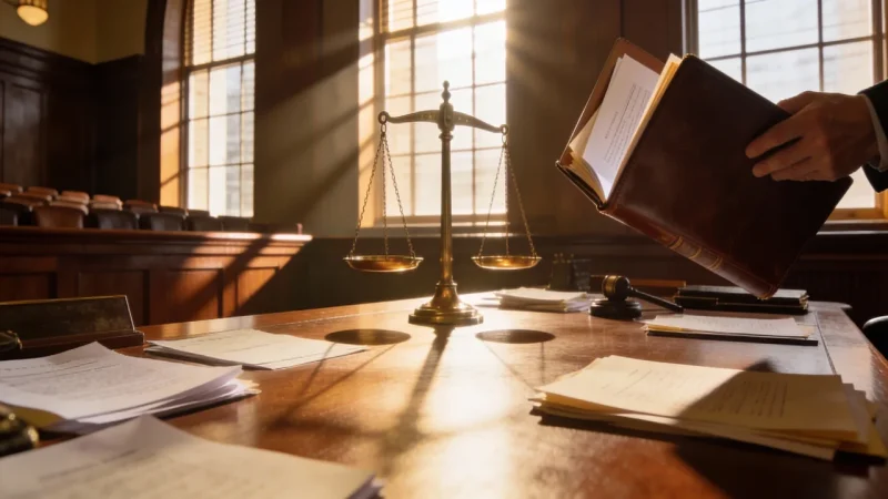 التماس إعادة النظر لإخفاء الأوراق القاطعة - مشهد محكمة مع وثائق قانونية ومستندات مخفية
