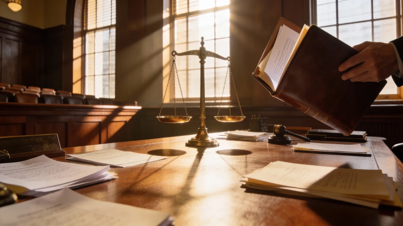 التماس إعادة النظر لإخفاء الأوراق القاطعة - مشهد محكمة مع وثائق قانونية ومستندات مخفية