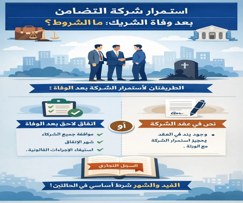 استمرار شركة التضامن بعد وفاة الشريك وشروط الشهر والقيد