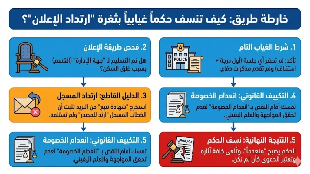 خارطة طريق كيف تنسف حكما غيابيا بثغرة ارتداد الإعلان