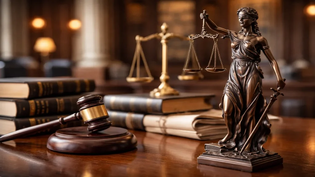 تمثال العدالة يحمل الميزان والسيف مع مطرقة قاضٍ وكتب قانون داخل قاعة محكمة بدون نص