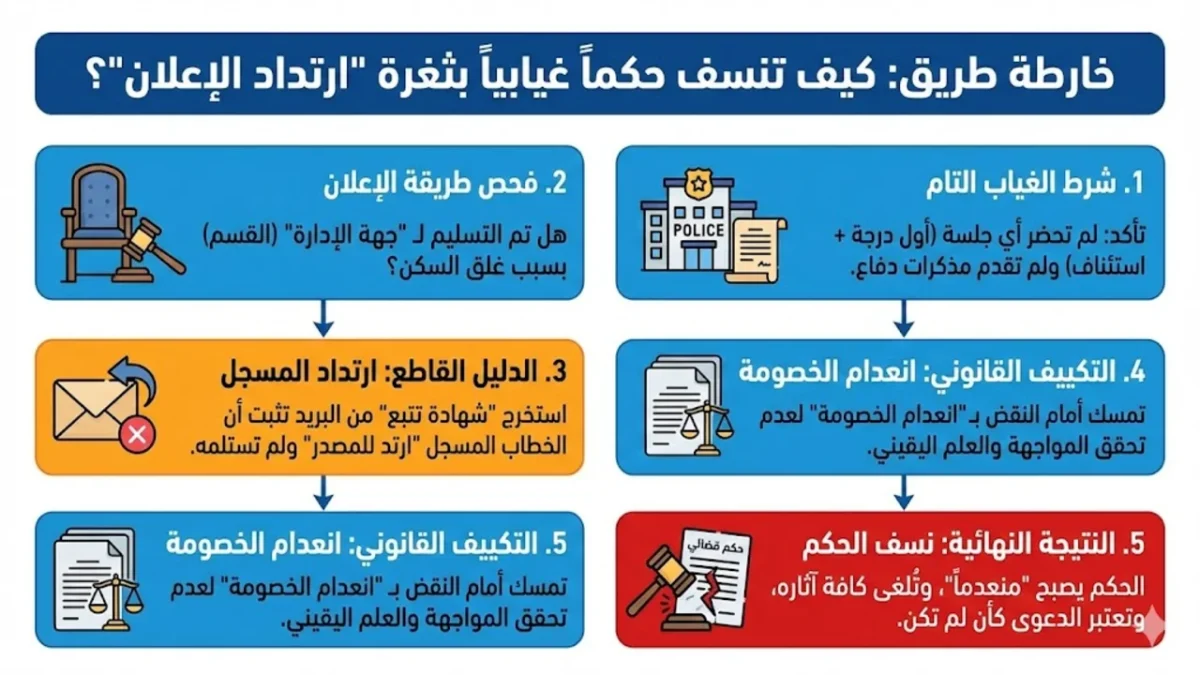 خارطة طريق كيف تنسف حكما غيابيا بثغرة ارتداد الإعلان