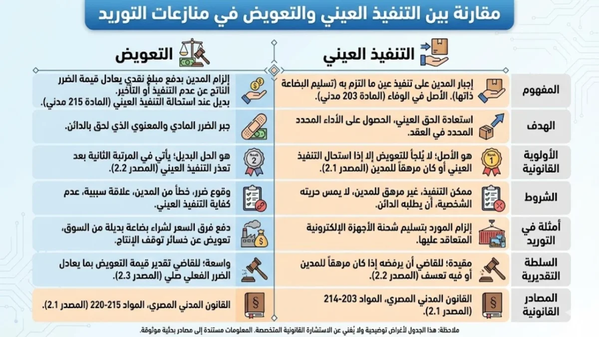 مقارنة بين التنفيذ العيني والتعويض في منازعات التوريد مقارنة بين التنفيذ العيني والتعويض في منازعات التوريد
