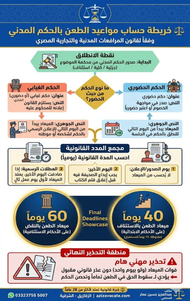 خريطة حساب مواعيد الطعن بالحكم المدني ومرافعات