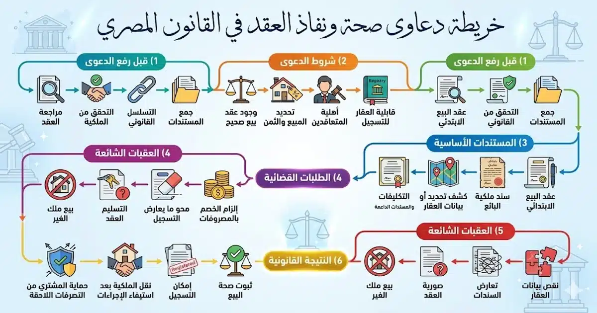 خريطة دعاوى صحة ونفاذ العقد في القانون المصري دعوى صحة ونفاذ البيع العقاري في القانون المصري: الشروط والإجراءات والتسجيل