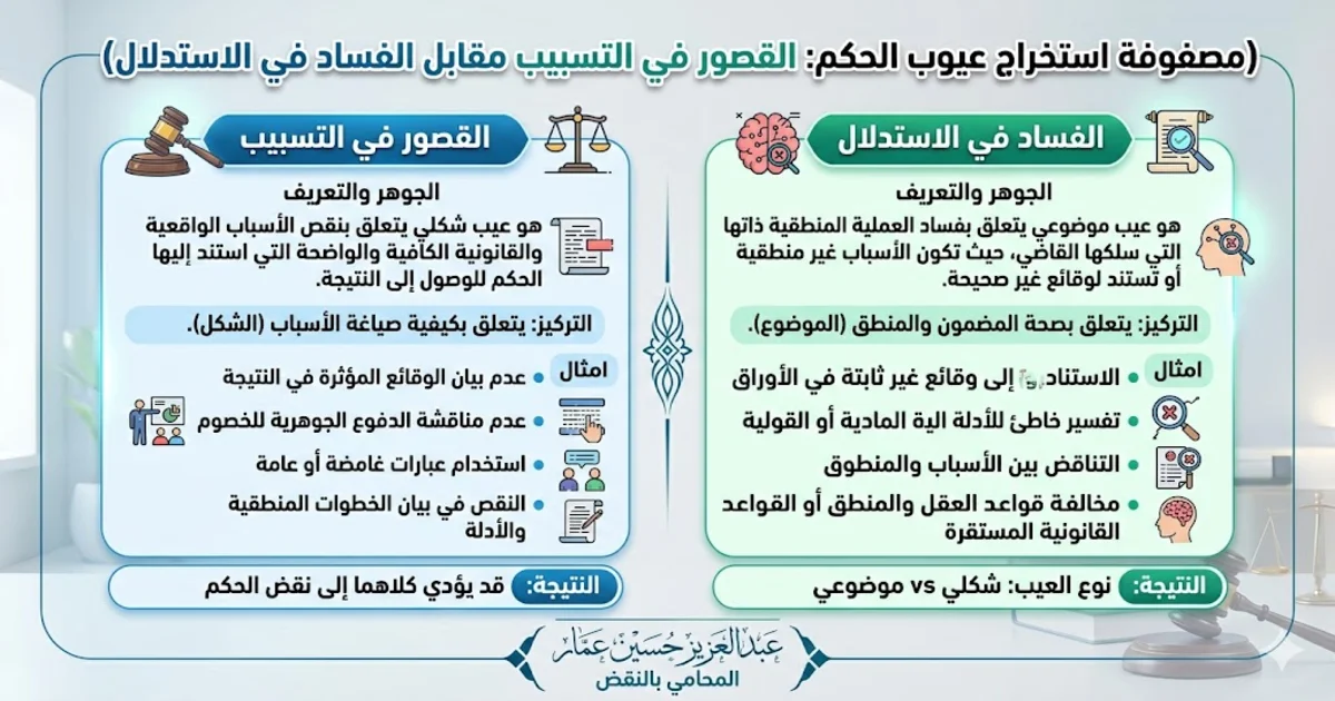 مصفوفة استخراج عيوب الحكم القصور في التسبيب مقابل الفساد في الاستدلال