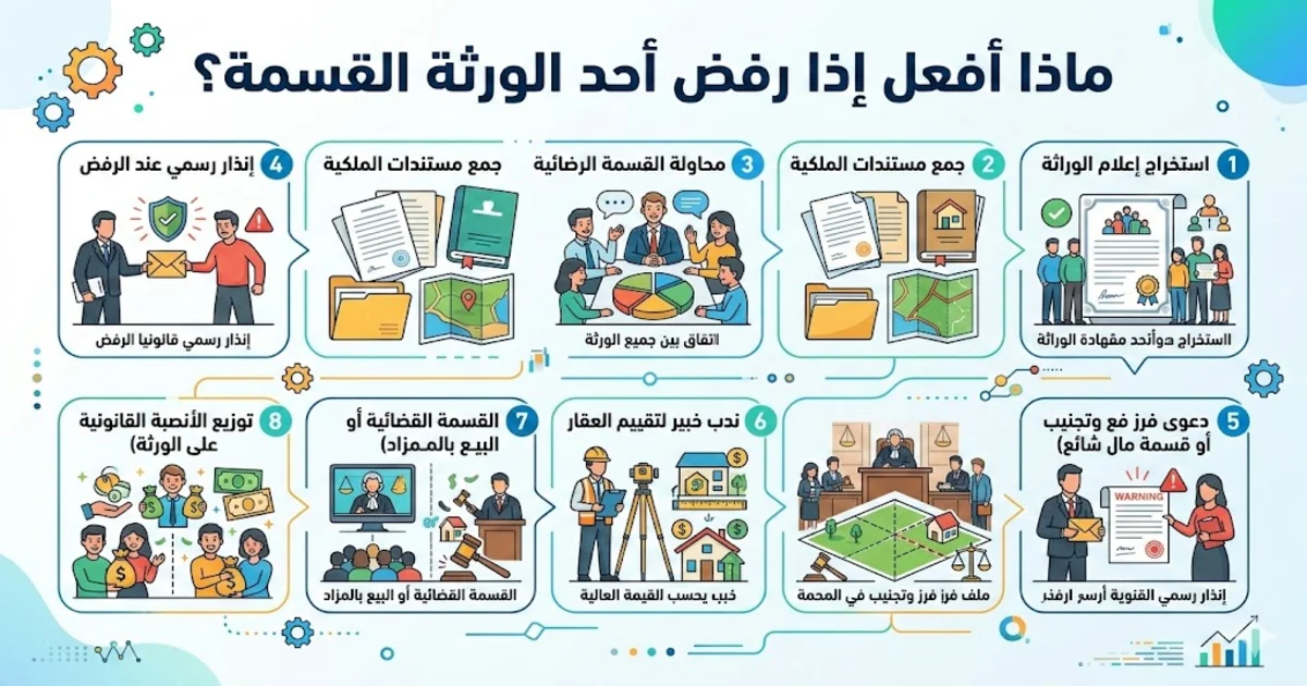 إنفوجرافيك يوضح خطوات التعامل القانوني عند رفض أحد الورثة القسمة في القانون المصري
