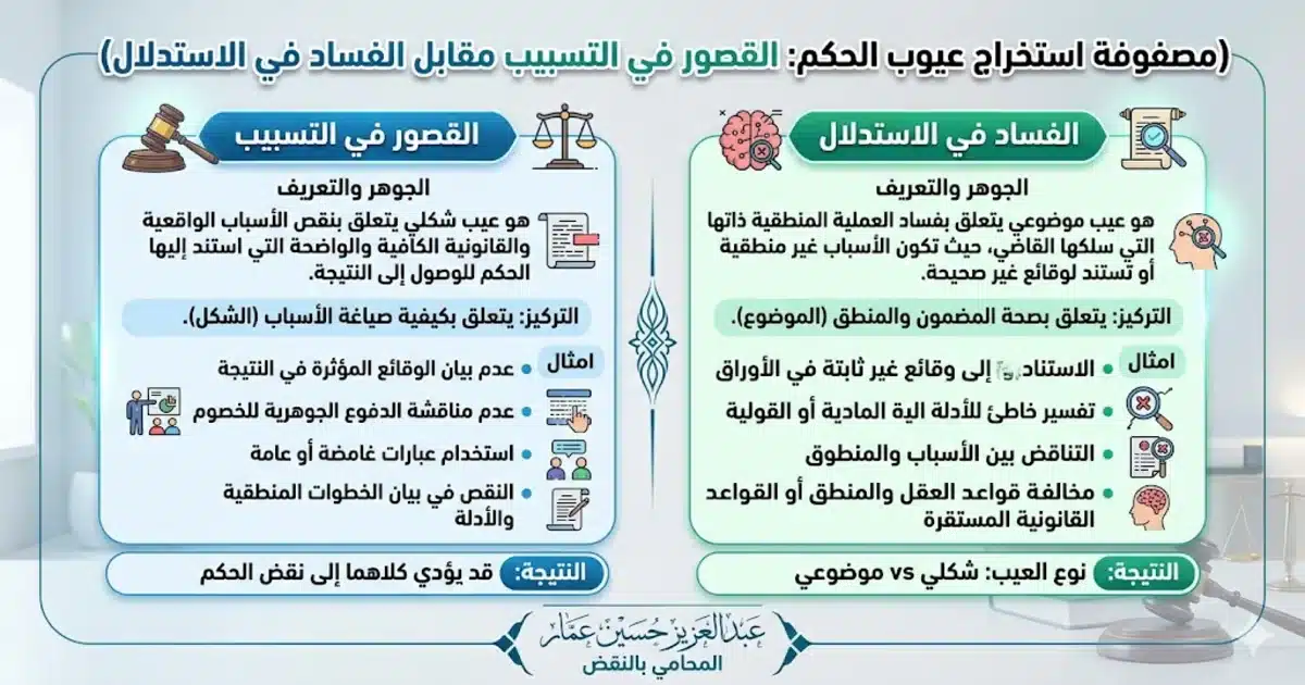 مصفوفة استخراج عيوب الحكم القصور في التسبيب مقابل الفساد في الاستدلال