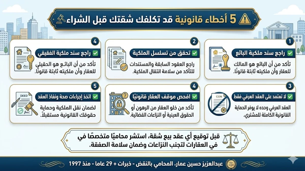 5 أخطاء قانونية قد تكلفك شقتك قبل الشراء 5 أخطاء قانونية قد تكلفك شقتك قبل الشراء