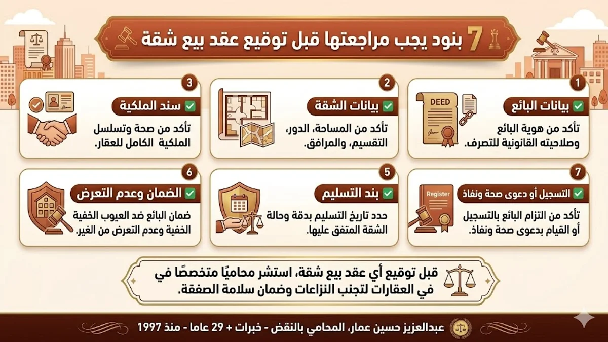7 بنود يجب مراجعتها قبل توقيع عقد بيع شقة 7 بنود يجب مراجعتها قبل توقيع عقد بيع شقة
