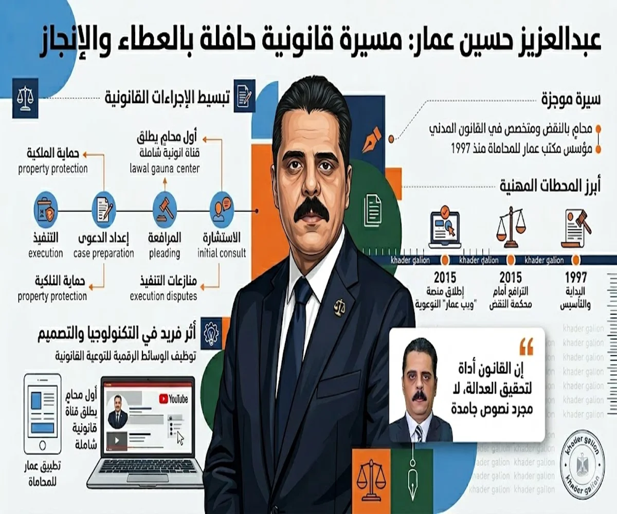 إنفوجرافيك المسيرة المهنية للمحامي بالنقض عبدالعزيز حسين عمار بالزقازيق، خبرة قانونية منذ 1997.