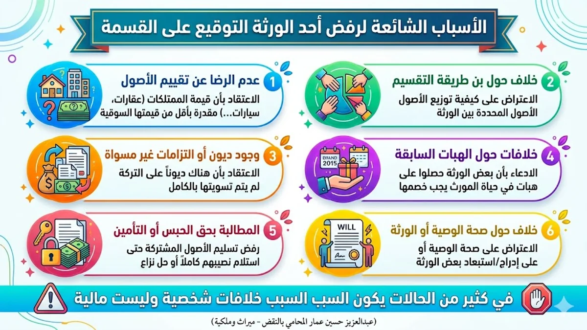 الأسباب الشائعة لرفض أحد الورثة التوقيع على القسمة