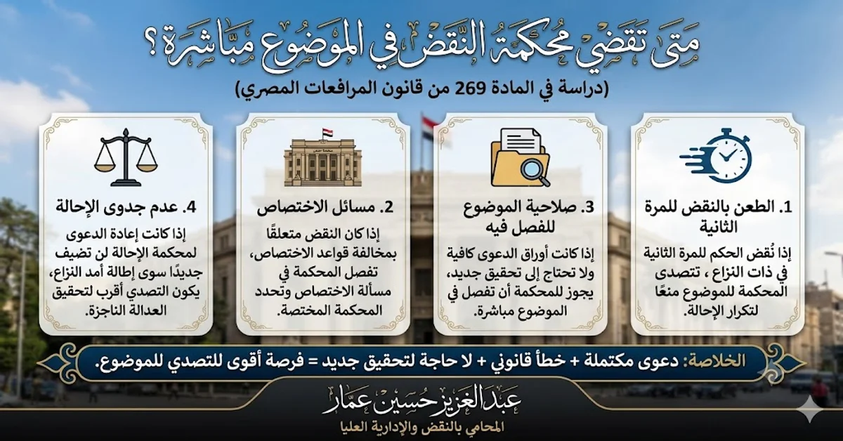 متى تقضي محكمة النقض في الموضوع مباشرة؟ متى تقضي محكمة النقض في الموضوع مباشرة؟