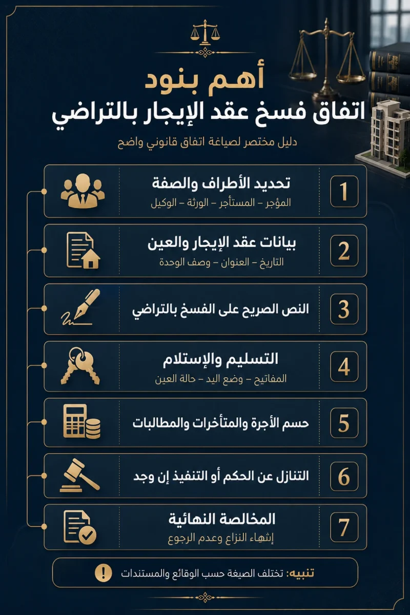 أهم بنود اتفاق فسخ عقد الإيجار بالتراضي من تحديد الأطراف حتى المخالصة النهائية