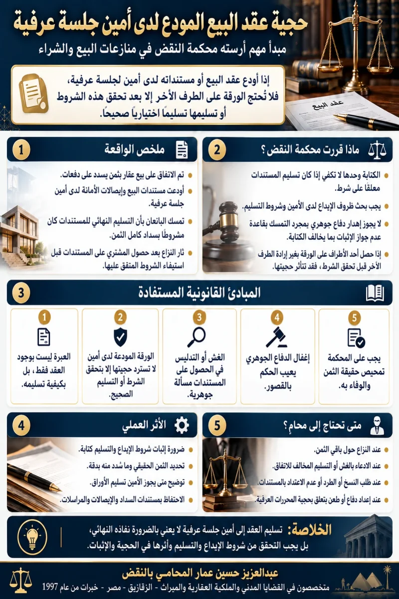 انفوجرافيك حجية عقد البيع المودع لدى أمين جلسة عرفية