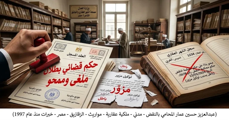 حكم إلغاء عقد مسجل بسبب توكيل مزور ومحوه من الشهر العقاري إلغاء عقد مسجل بسبب توكيل مزور ومحوه من الشهر العقاري